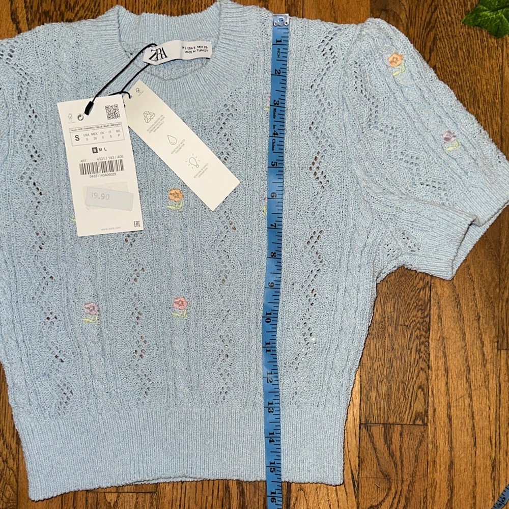 Zara Pastel Blue Knit Top with Floral Accents - Picture 6 of 11